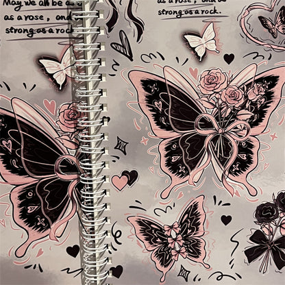 Kawaii Black Pink Butterfly Spiral Notebook – A5 Cute Rose & Heart Aesthetic Journal Diary for Girls (Single Piece)