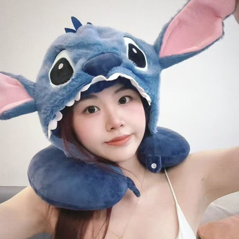 Stitch Plush Travel Neck Pillow with Hoodie Cap – Cute Cartoon U-Shaped Soft Neck Cushion for Car, Flight & Home Use