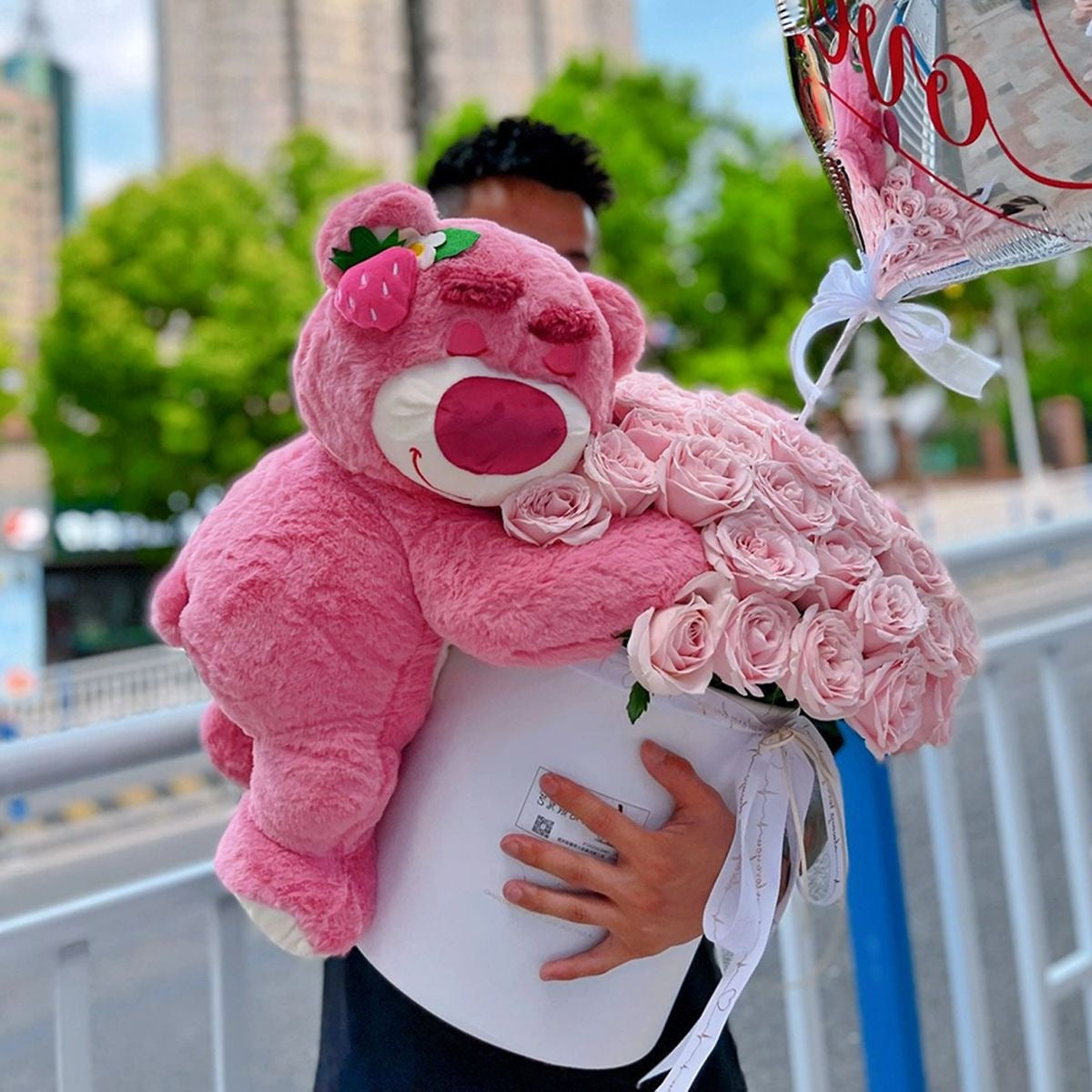 Kawaii Pink Teddy Bear Hugging Rose Bouquet – Cute Plush Soft Toy with Artificial Flower Box | Romantic Gift for Girlfriend, Wife, Birthday & Valentine