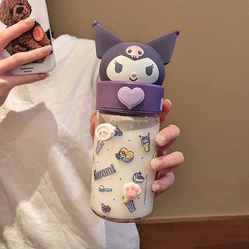 Kuromi Cute Glass Water Bottle with 3D Lid – Kawaii Sanrio Cartoon Transparent Bottle for Girls, Kids & Gifts (Leakproof, Aesthetic Drinkware)