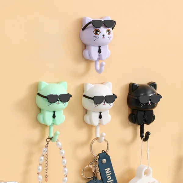 Cute Sunglasses Cat Wall Hook | Self-Adhesive Cartoon Cat Key Holder & Utility Hanging Hook for Home Decor