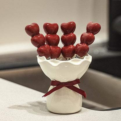 Heart Bubble Fruit Fork Set with Ceramic Bouquet Holder – Cute Dessert Forks Gift Set | Aesthetic Snack Picks for Cake, Fruits & Parties