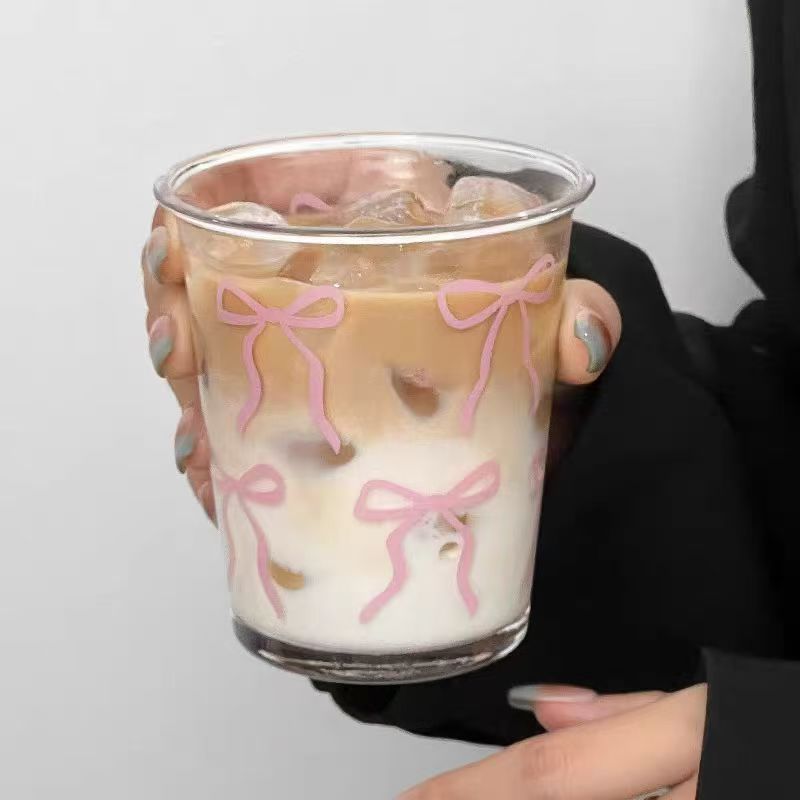 Kawaii Pink Bow Glass Tumbler Cup with Cute Ribbon Print | Aesthetic Drinking Glass for Iced Coffee, Milk, Juice, Bubble Tea & Smoothies | Transparent Glass Cup | Cute Gift for Girls