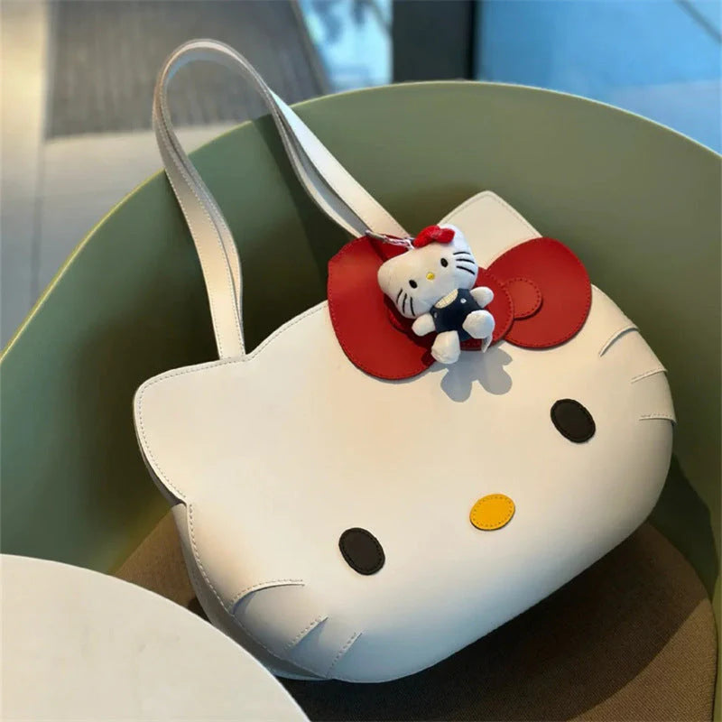 Hello Kitty Face Tote Bag with Detachable Hello Kitty Charm – Kawaii Girls Shoulder Bag, Cute Cartoon Handbag for Daily Use