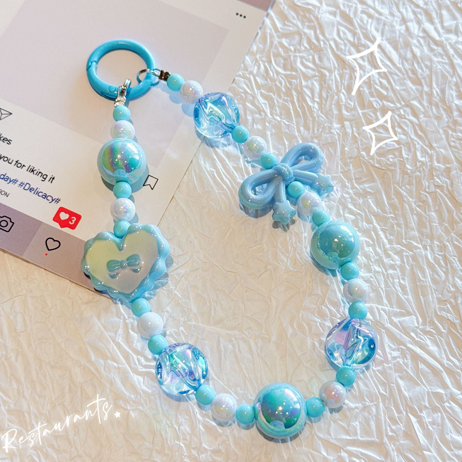 Kawaii Beaded Phone Strap Charm with Hanging Card – Cute Heart & Bow Beads Wrist Lanyard for Mobile, Keychain, AirPods