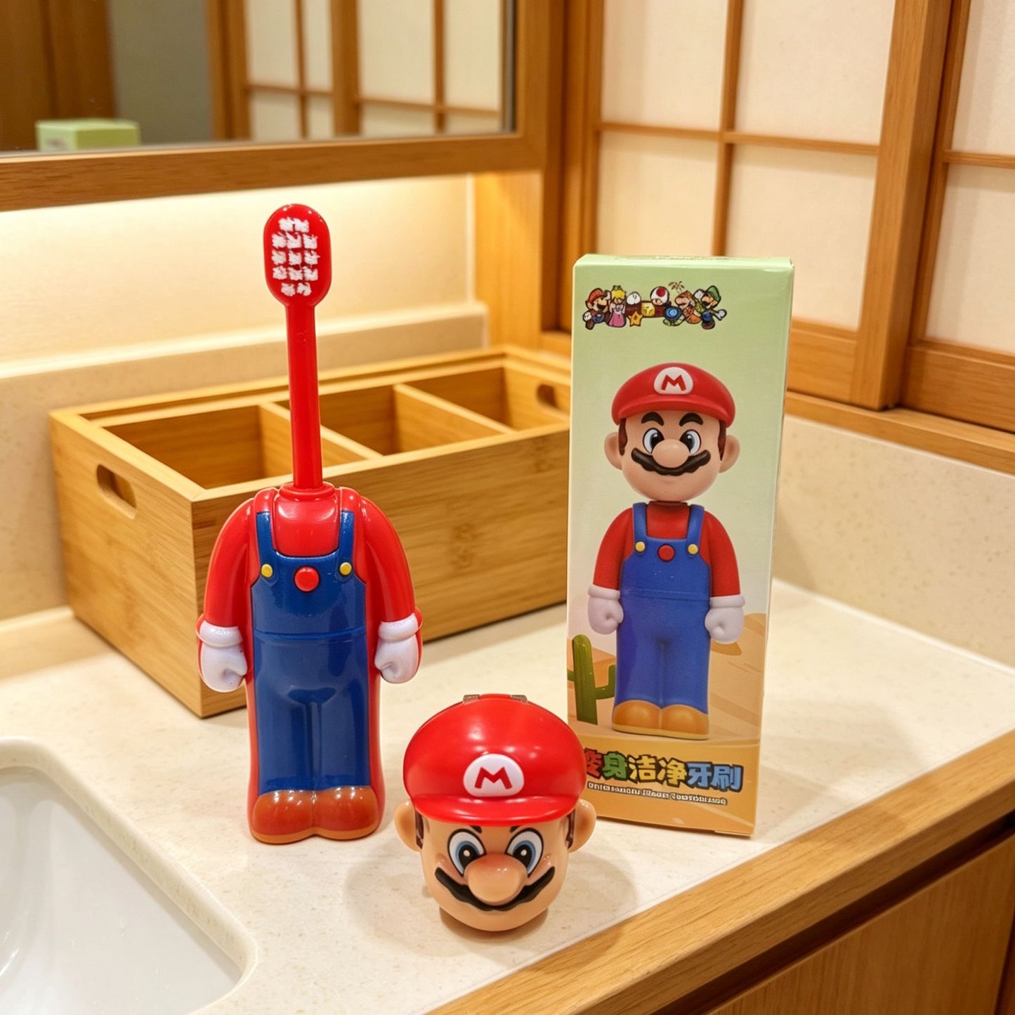 Super Mario Kids Pop-Up Toothbrush with Protective Cap | Portable Cartoon Manual Toothbrush for Boys & Girls | Soft Bristle Travel Toothbrush for Children