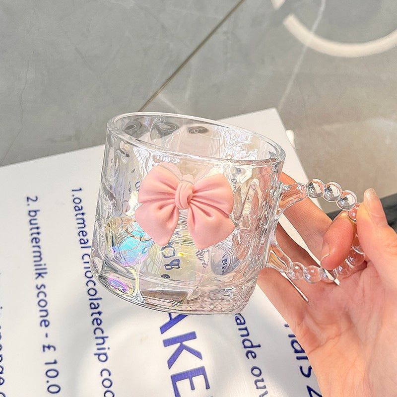 Kawaii Pink Bow Glass Cup – Cute Aesthetic Iridescent Mug with Beaded Handle for Coffee, Milk & Juice | Kawaii Drinkware for Girls