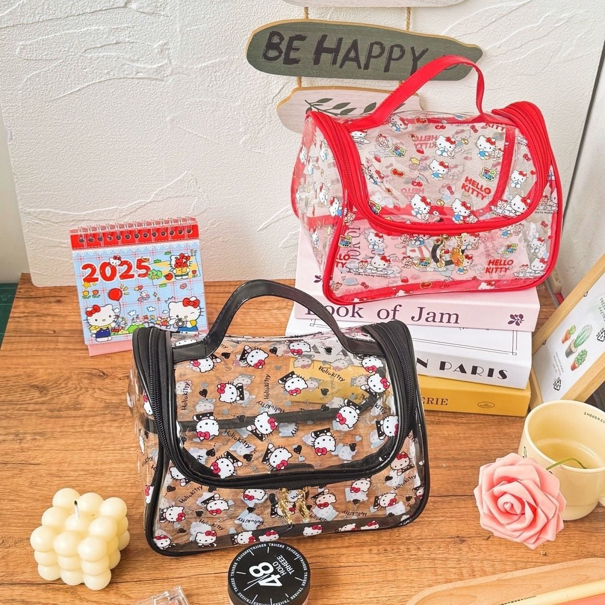 Hello Kitty Transparent Cosmetic Bag | Cute Sanrio Makeup & Toiletry Travel Organizer Pouch with Handle | Waterproof PVC Storage Bag