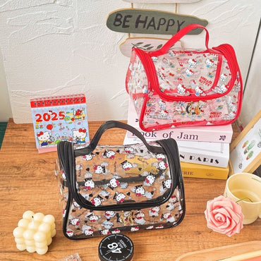 Hello Kitty Transparent Cosmetic Bag | Cute Sanrio Makeup & Toiletry Travel Organizer Pouch with Handle | Waterproof PVC Storage Bag