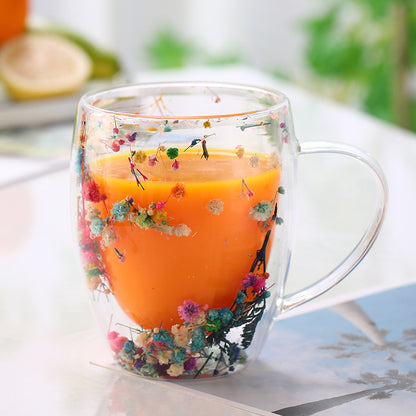 Premium Double Wall Glass Mug with Colorful Dried Flower Design | Aesthetic Transparent Tea & Coffee Cup | Heat-Resistant Borosilicate Floral Mug