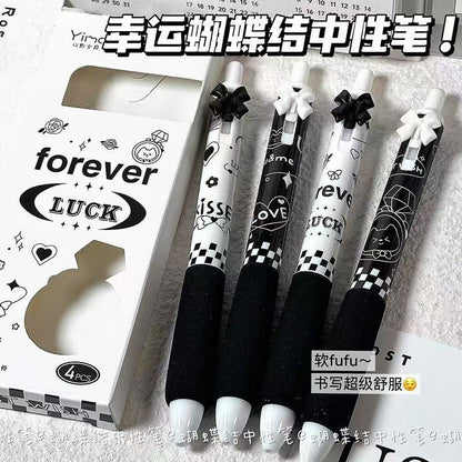 Kawaii Bow-Themed Gel Pen Set (Pack of 4) | Cute Aesthetic Black Ink Pens for School, Office & Journaling