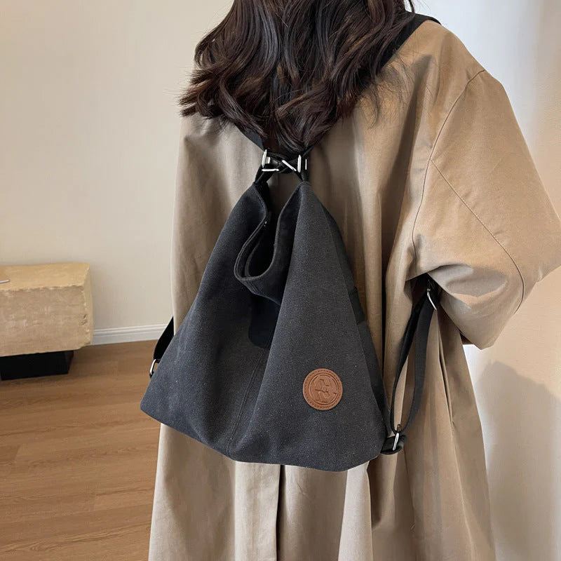 Convertible Canvas Shoulder Backpack for Women – 2-in-1 Drawstring Sling Tote Bag (Black)