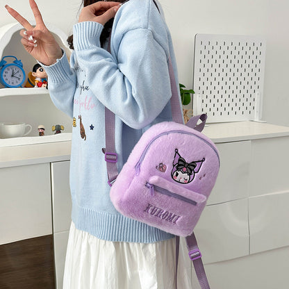 Cute Plush Mini Backpack for Girls – Hello Kitty, Kuromi & My Melody Soft Furry Kawaii Backpack | Sanrio Mini School Bag & Gift