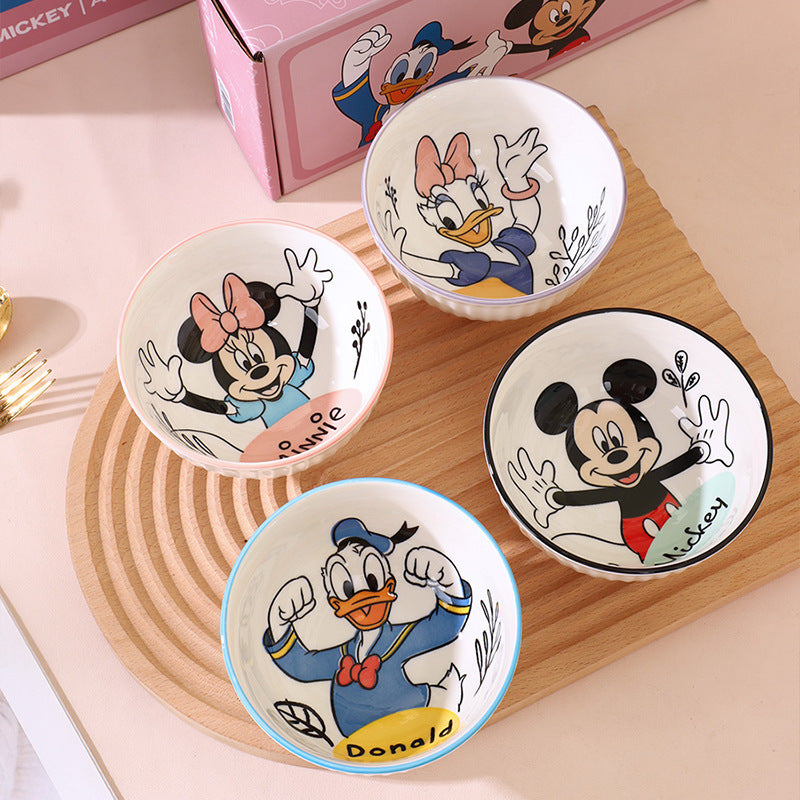 Disney Cartoon Ceramic Bowls  (Mickey, Minnie, Donald, Daisy) (set of 2) with Proper Gift Box– Premium Kids Breakfast & Snack Bowl Collection