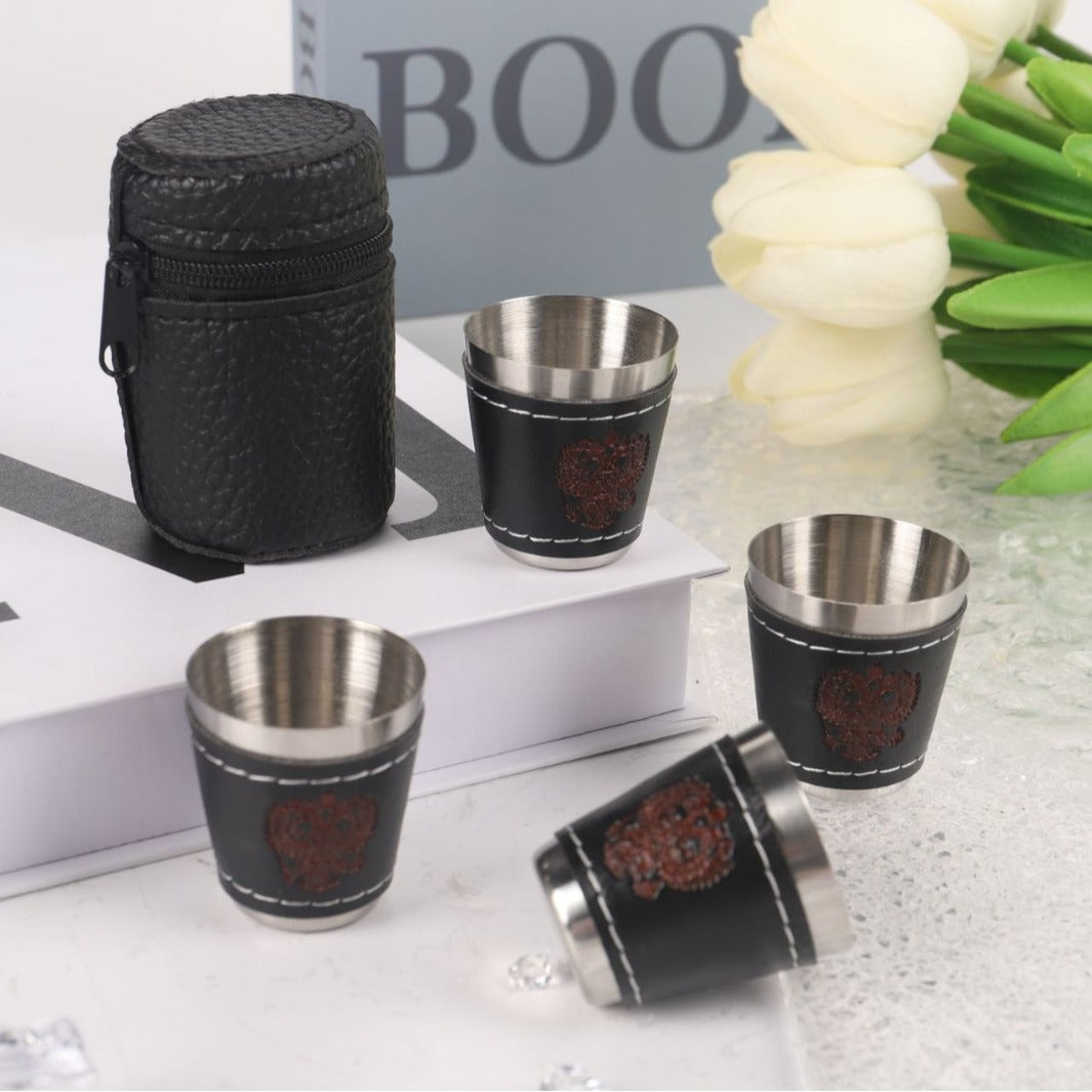 Premium 30ml Stainless Steel Shot 4 Glass Set with Leather Case | Portable Travel Shot Cups for Whiskey, Vodka & Outdoor Camping