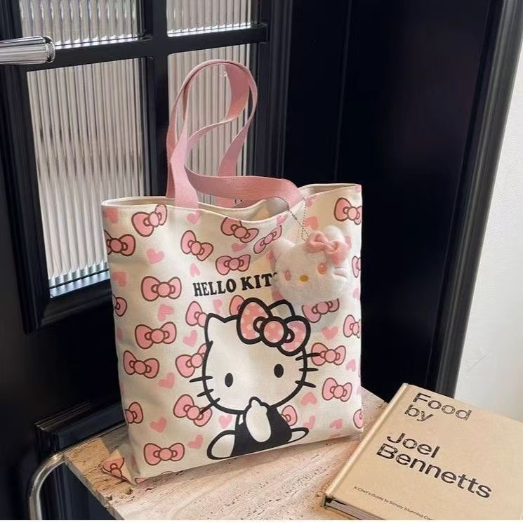 Hello Kitty Kawaii Tote Bag with Plush Charm – Cute Canvas Shoulder Bag for Girls, College, Travel & Daily Use