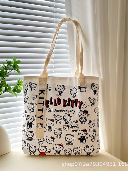 Hello Kitty 45th Anniversary Printed Canvas Tote Bag | Cute Kawaii Shoulder Bag for Girls & Women