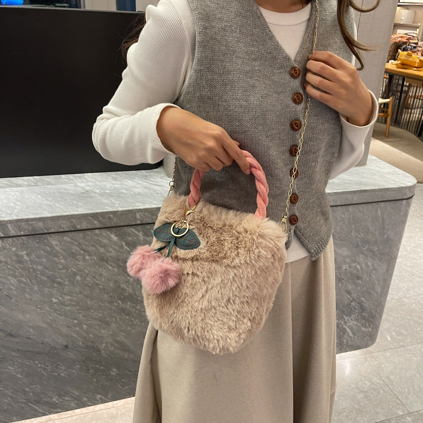 Kawaii Cherry Fluffy Fur Handbag – Cute Plush Crossbody Shoulder Bag with Pom Pom Charm for Girls & Women