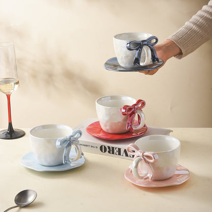 Premium Bow Handle Ceramic Coffee Mug with Saucer Set | 300ml Pearl Glaze Tea Cup | Cute Aesthetic Cappuccino Mug | Korean Style Gift Mug