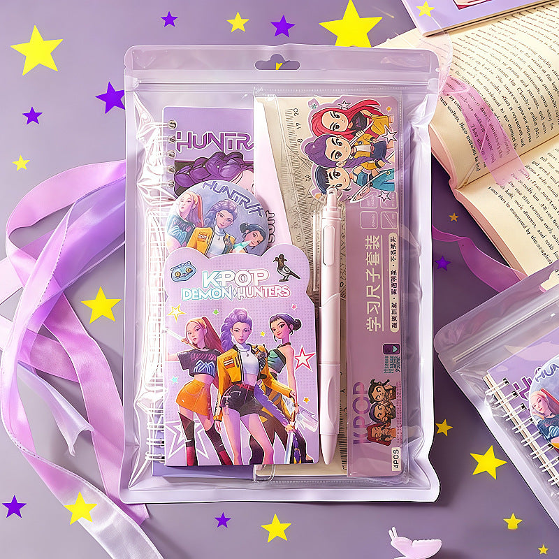 K-Pop Demon Hunters Cute Stationery Set – Anime Notebook, Pen, Ruler Kit & Badge