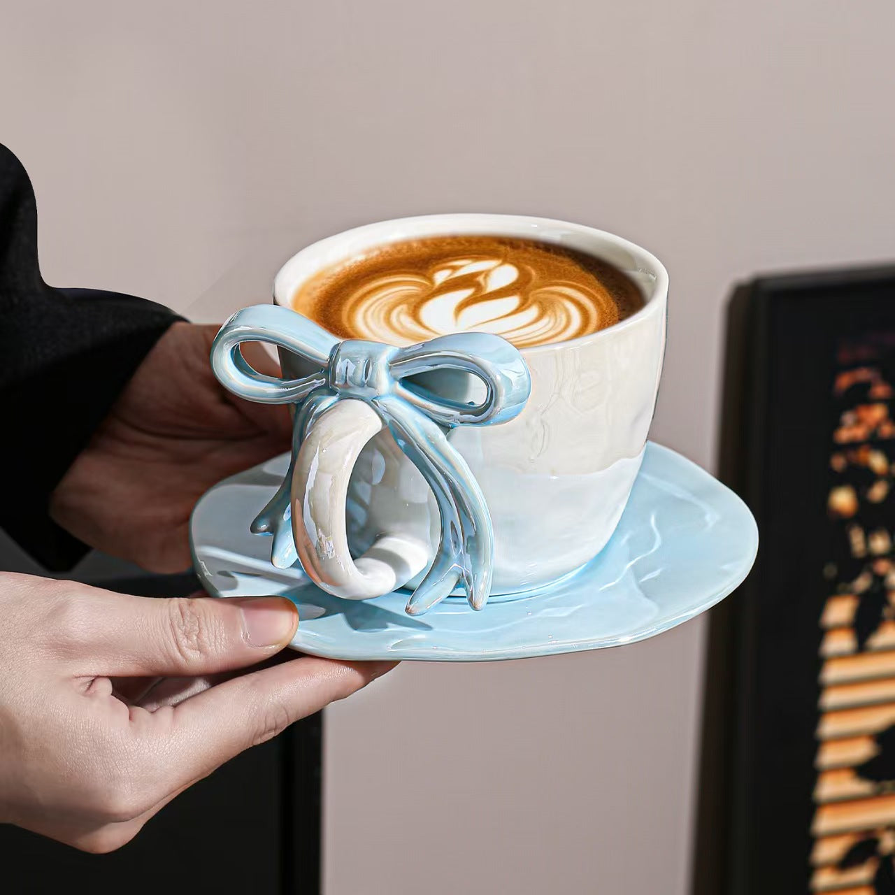 Premium Bow Handle Ceramic Coffee Mug with Saucer Set | 300ml Pearl Glaze Tea Cup | Cute Aesthetic Cappuccino Mug | Korean Style Gift Mug