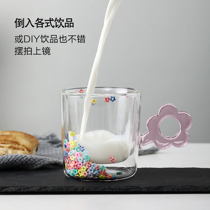 Kawaii Flower Handle Double Wall Glass Mug – Cute Confetti Design | Aesthetic Drinking Cup for Tea, Coffee & Milk