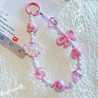 Kawaii Beaded Phone Strap Charm with Hanging Card – Cute Heart & Bow Beads Wrist Lanyard for Mobile, Keychain, AirPods