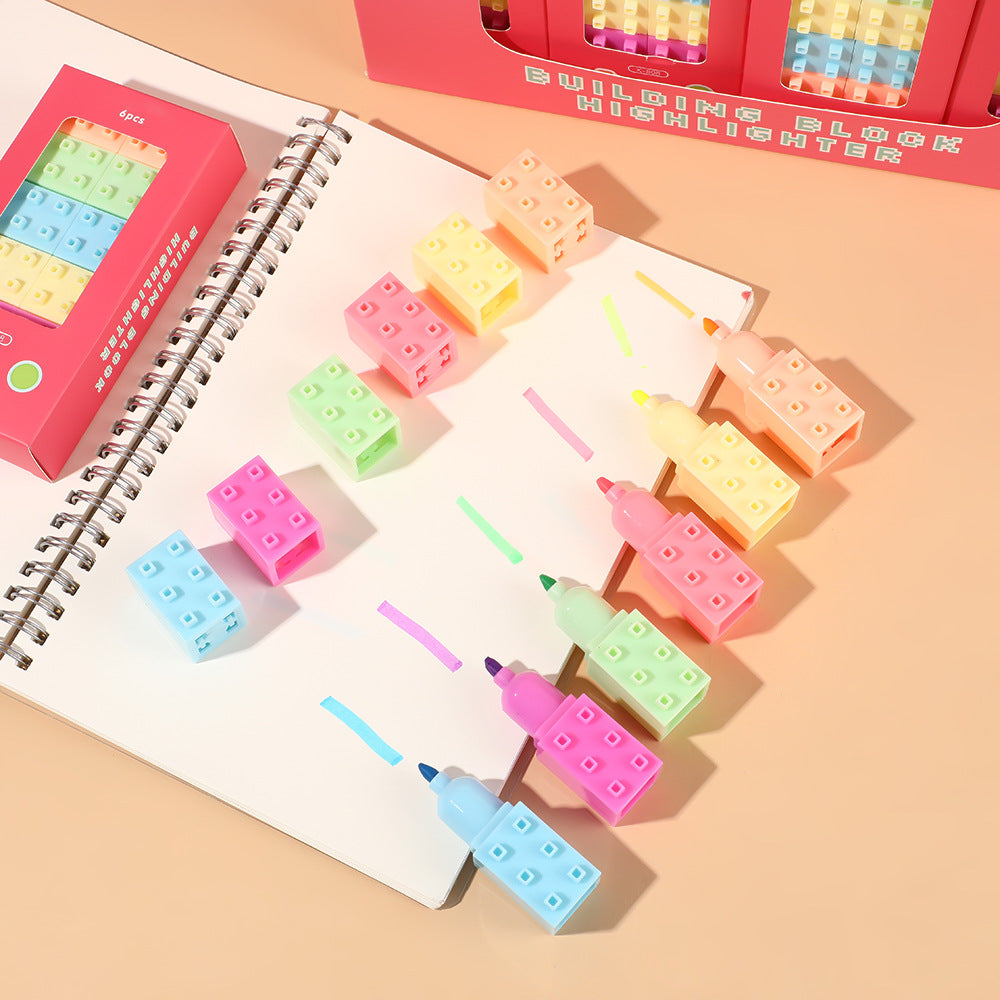 Kawaii Building Block Mini Highlighter Pen Set of 6 | Brick Stackable Highlighter Markers | Cute Pastel Color Marker Pens for School, Office, Journaling & Study Supplies