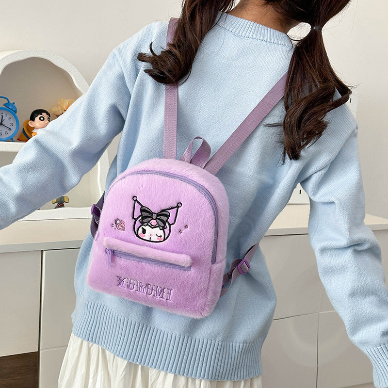 Cute Plush Mini Backpack for Girls – Hello Kitty, Kuromi & My Melody Soft Furry Kawaii Backpack | Sanrio Mini School Bag & Gift
