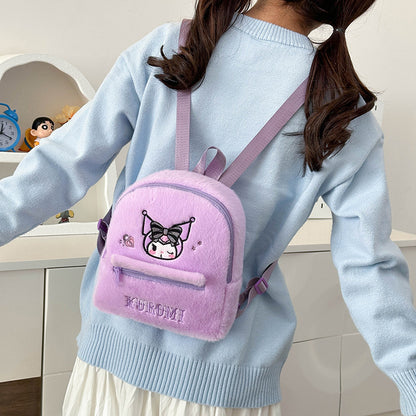 Cute Plush Mini Backpack for Girls – Hello Kitty, Kuromi & My Melody Soft Furry Kawaii Backpack | Sanrio Mini School Bag & Gift