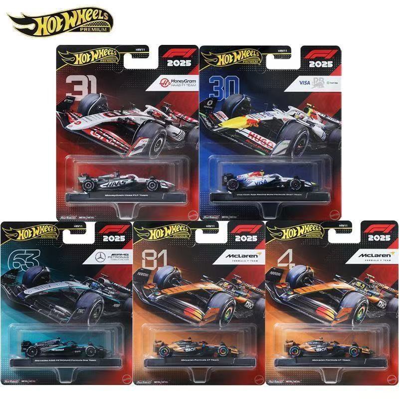Hot Wheels Premium Formula 1 Die-Cast Cars Pack of 5 – 1:64 Scale F1 2025 Collection (McLaren, Mercedes AMG Petronas, Haas, Visa Cash App RB)