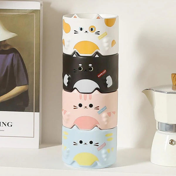 Kawaii Cat Face Ceramic Mug – Cute Cartoon Coffee & Tea Mug | Stackable Aesthetic Mug for Home & Office