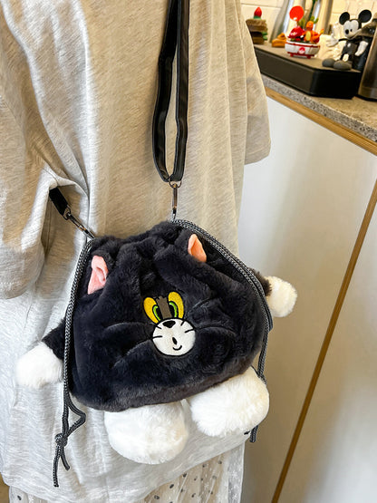 Tom & Jerry Plush Sling Bag for Girls | Cute Cartoon Fur Crossbody Mini Bag with Long Strap