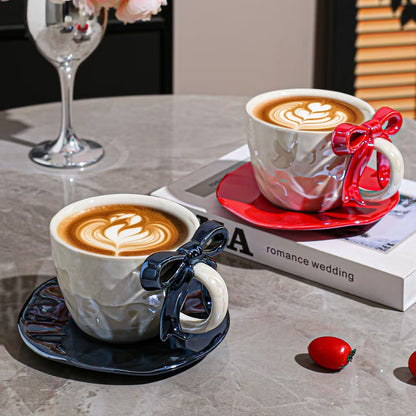 Premium Bow Handle Ceramic Coffee Mug with Saucer Set | 300ml Pearl Glaze Tea Cup | Cute Aesthetic Cappuccino Mug | Korean Style Gift Mug