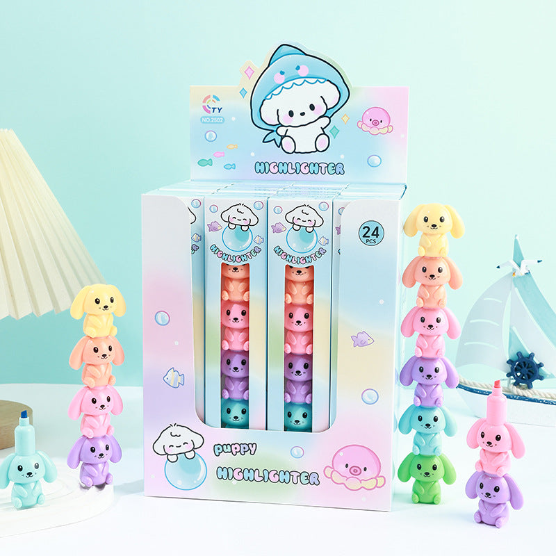 Kawaii Puppy Stackable Highlighter Pen Set (Pack of 6) | 6-Color Cute Cartoon Highlighter Markers | Aesthetic School, Office & Journal Stationery