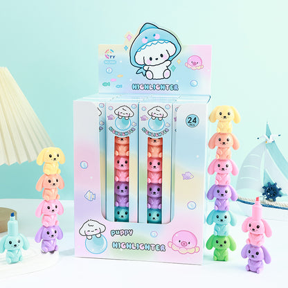 Kawaii Puppy Stackable Highlighter Pen Set (Pack of 6) | 6-Color Cute Cartoon Highlighter Markers | Aesthetic School, Office & Journal Stationery