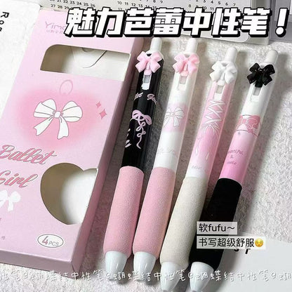 Kawaii Bow-Themed Gel Pen Set (Pack of 4) | Cute Aesthetic Black Ink Pens for School, Office & Journaling