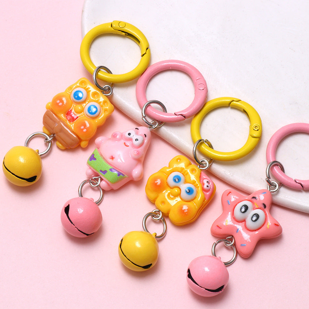 Kawaii SpongeBob & Patrick Keychain Set (3PCS) – Cute Cartoon Bag Charms with Jingle Bells for Kids & Girls