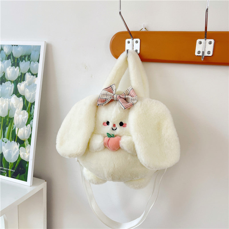 Cute Bunny Plush Handbag for Girls – Kawaii Rabbit Soft Fur Crossbody Bag with Bow & Peach Design