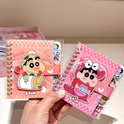 Shinchan Kawaii Mini Spiral Notebook (Set of 4) – Cute Anime Pocket Diary Journal with Strap Closure | Cartoon Memo Notepad Gift Set for Kids, Girls & Students