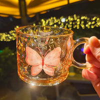 Kawaii Butterfly Glass Mug – Aesthetic Transparent Coffee Cup for Tea, Milk & Juice