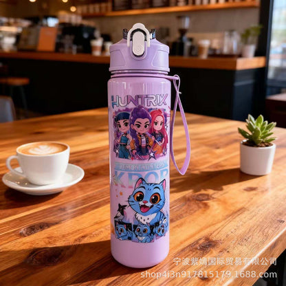 700ml K-Pop Cartoon Water Bottle with Strap | Cute Korean Idol Design Leak-Proof Flip Lid Sipper Bottle for School, Travel & Daily Use