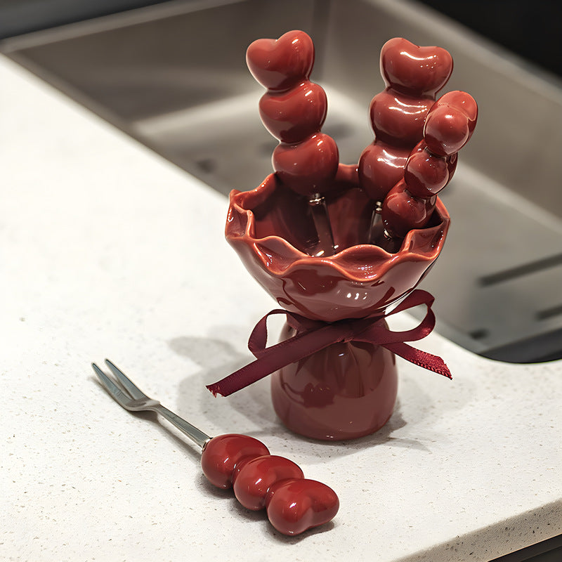 Heart Bubble Fruit Fork Set with Ceramic Bouquet Holder – Cute Dessert Forks Gift Set | Aesthetic Snack Picks for Cake, Fruits & Parties