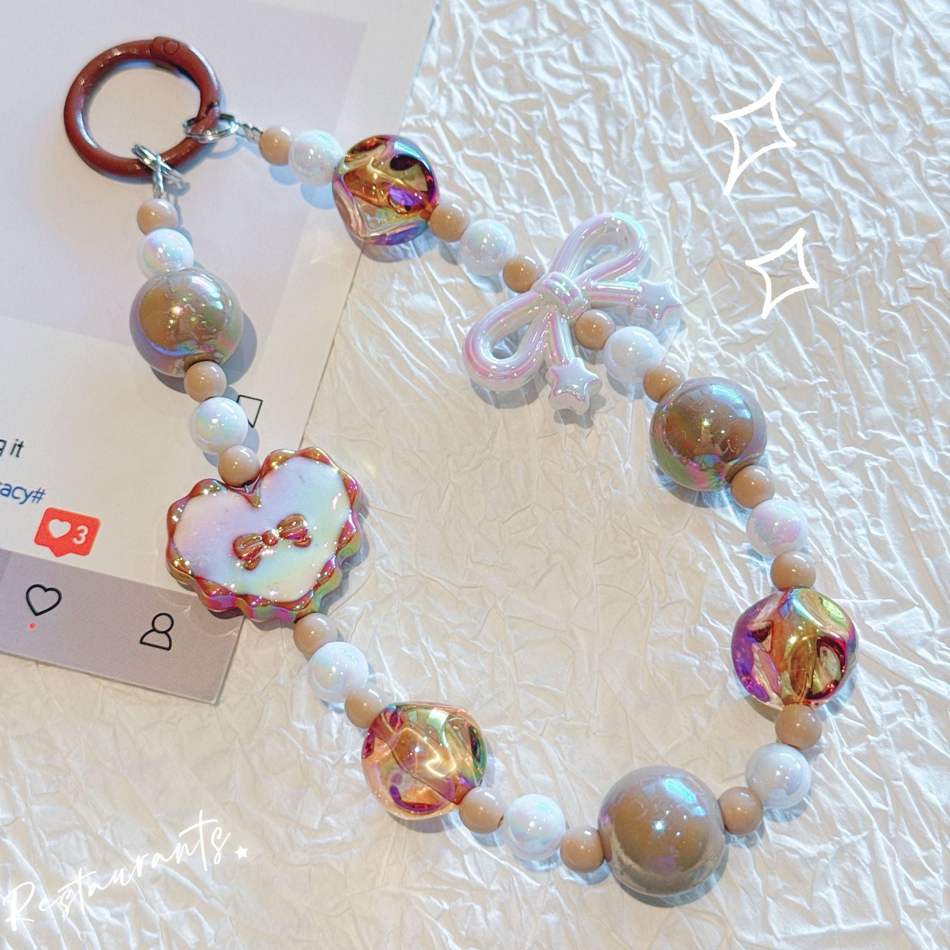 Kawaii Beaded Phone Strap Charm with Hanging Card – Cute Heart & Bow Beads Wrist Lanyard for Mobile, Keychain, AirPods