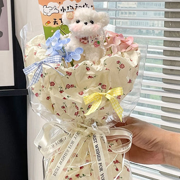 Kawaii Plush Puppy Flower Bouquet | Cute Dog Doll Floral Gift Bouquet with Ribbons | Korean Aesthetic Birthday Gift for Girls & Women
