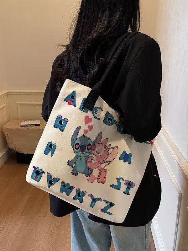 Kawaii Stitch & Angel Tote Bag – Cute Cartoon Canvas Handbag for Girls | Aesthetic Shoulder Bag for Daily Use