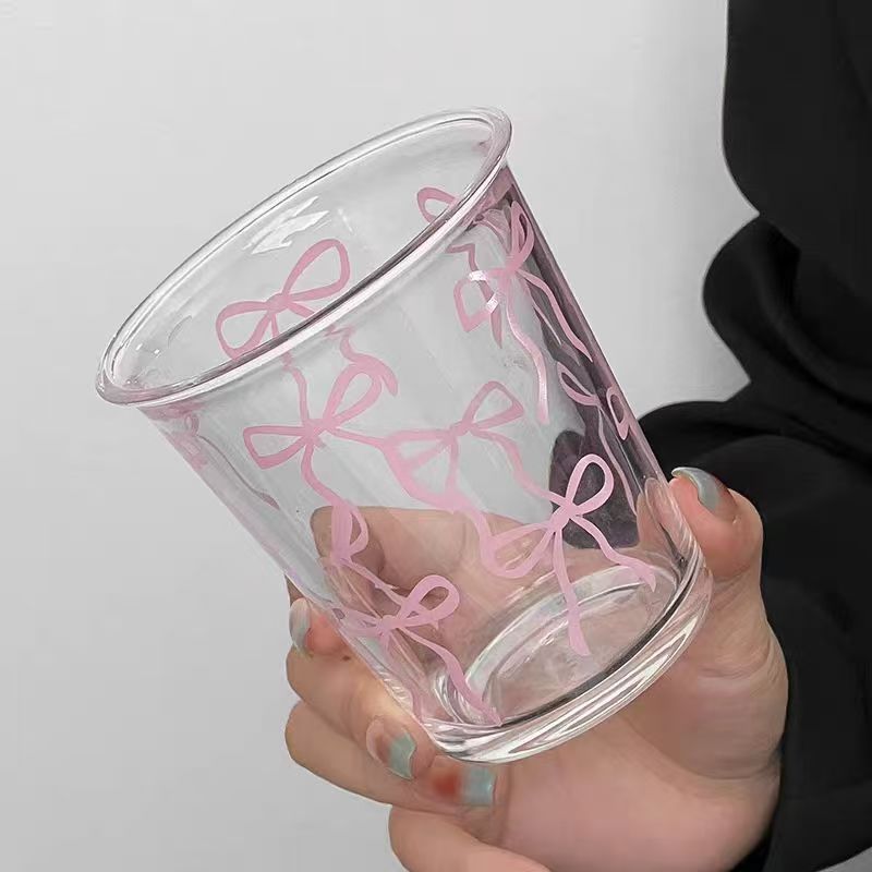 Kawaii Pink Bow Glass Tumbler Cup with Cute Ribbon Print | Aesthetic Drinking Glass for Iced Coffee, Milk, Juice, Bubble Tea & Smoothies | Transparent Glass Cup | Cute Gift for Girls