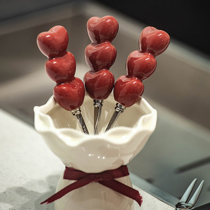 Heart Bubble Fruit Fork Set with Ceramic Bouquet Holder – Cute Dessert Forks Gift Set | Aesthetic Snack Picks for Cake, Fruits & Parties