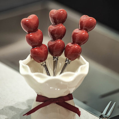 Heart Bubble Fruit Fork Set with Ceramic Bouquet Holder – Cute Dessert Forks Gift Set | Aesthetic Snack Picks for Cake, Fruits & Parties