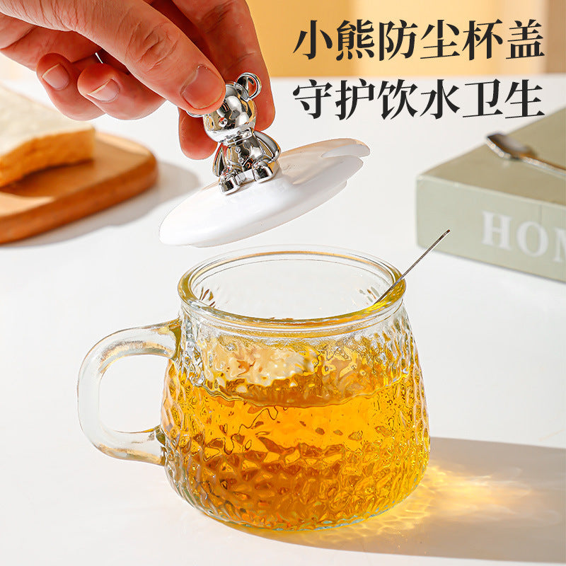 Kawaii Bear Glass Mug with Lid & Spoon | Heat-Resistant Textured Tea & Coffee Cup for Home & Office